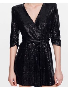 $149 NWOT Zara Black Shiny Sequin Blazer Dress XS